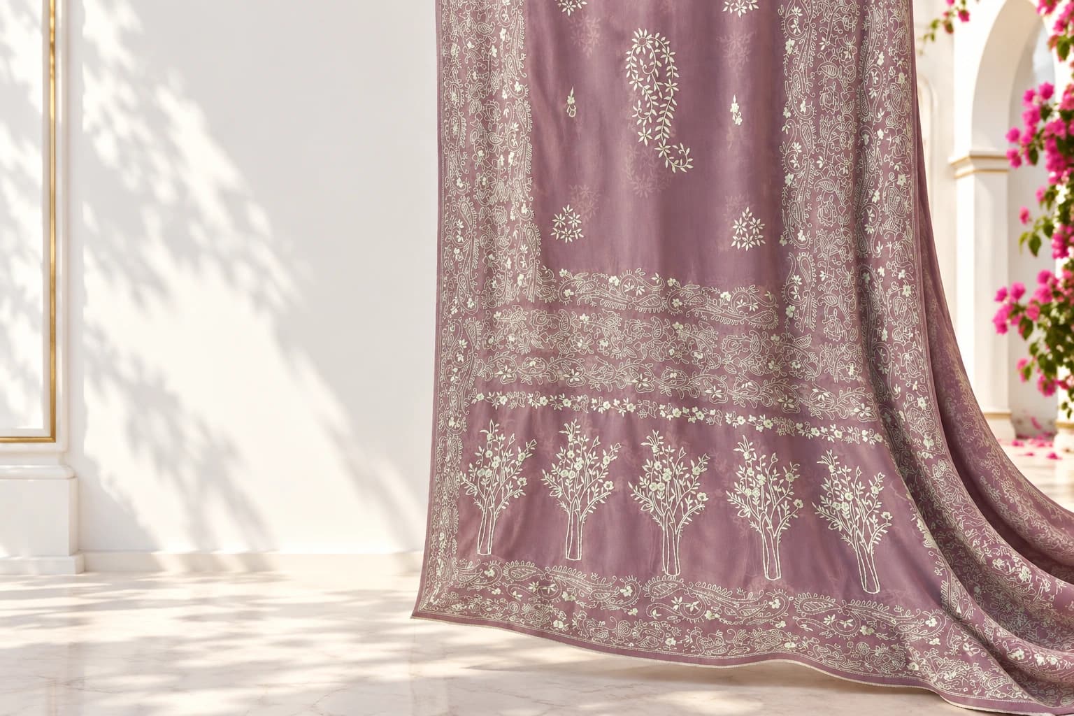 Our Mauve Bloom fabric with ivory floral hand embroidery, freely draped in a sunlit white and gold setting